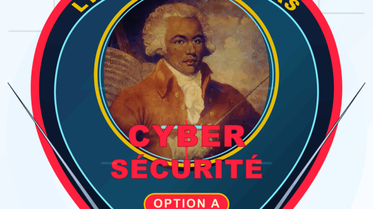 Logo du BTS CIEL option A du Lycée Chevalier de Saint-Georges, avec écusson cybersécurité, portrait du Chevalier de Saint-Georges et épées croisées.