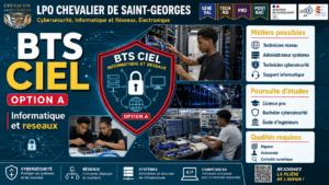 Affiche de présentation du BTS CIEL option A au LPO Chevalier de Saint-Georges, avec le thème informatique, réseaux et cybersécurité, des photos d’étudiants en laboratoire et des encadrés sur les métiers, les poursuites d’études et les qualités requises.
