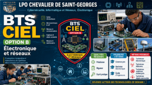 Affiche de présentation du BTS CIEL option B au LPO Chevalier de Saint-Georges, dédiée à l’électronique et aux réseaux, avec des photos d’étudiants en laboratoire, des encadrés sur les compétences, les qualités requises, les poursuites d’études et les métiers possibles.
